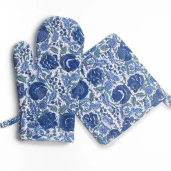 Pomegranate Inc Bohemian Floral Azure Blue & Aqua Oven Mitt Set Outlet