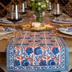 Pomegranate Inc Bohemian Floral Blues & Paprika Table Runner New