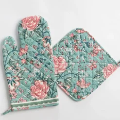 Pomegranate Inc Butterfly Garden Aqua & Rose Oven Mitt Set Hot
