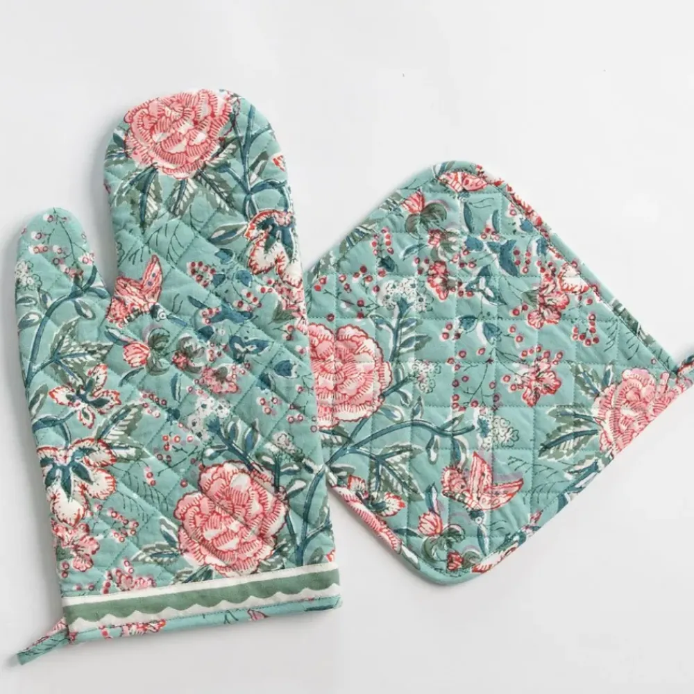 Pomegranate Inc Butterfly Garden Aqua & Rose Oven Mitt Set Hot