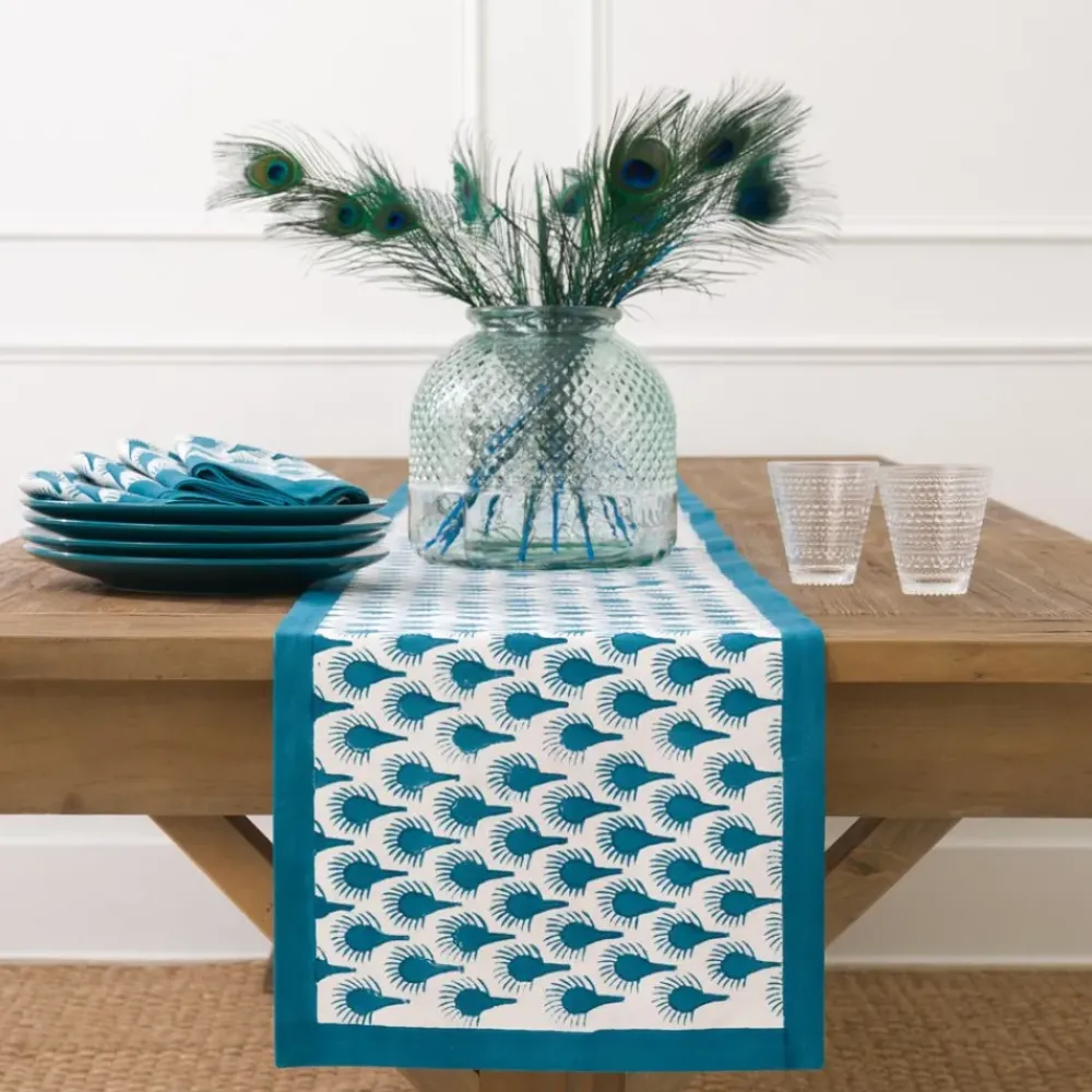 Pomegranate Inc Geo Feather Teal Table Runner New