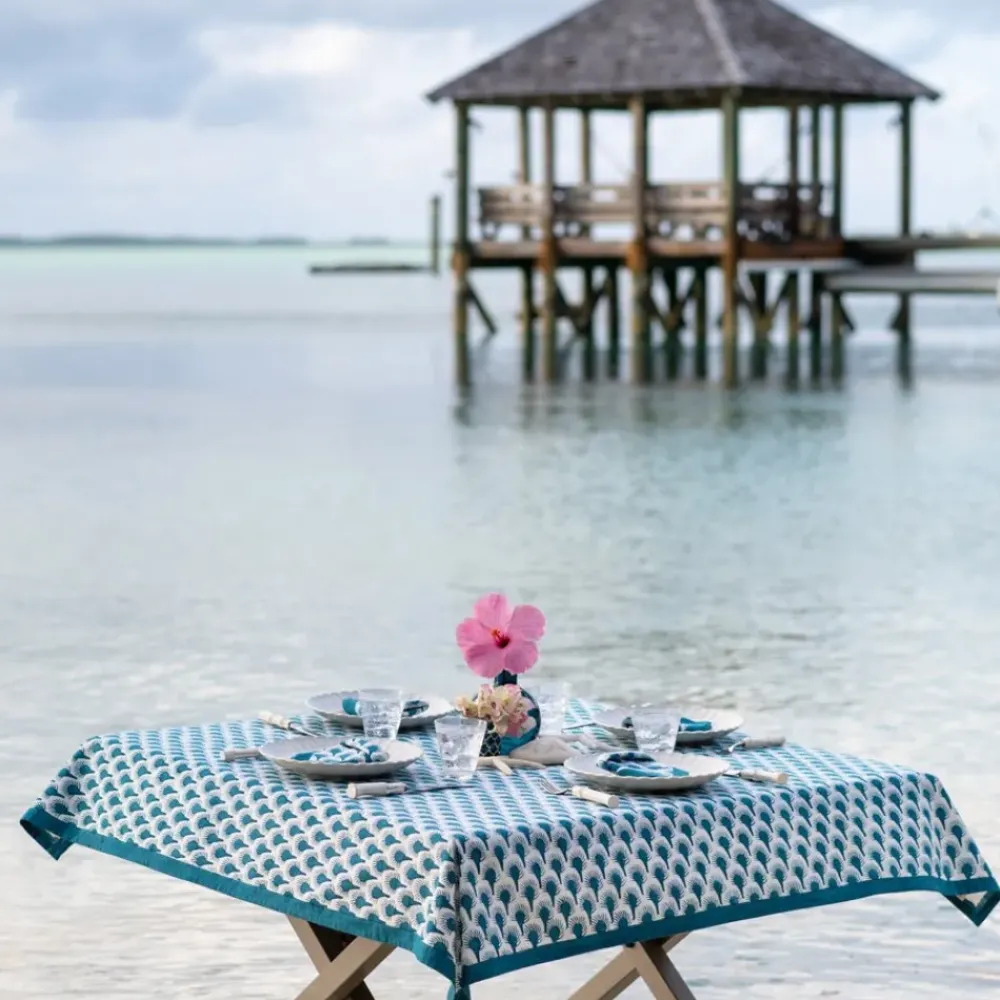 Pomegranate Inc Geo Feather Teal Tablecloth New