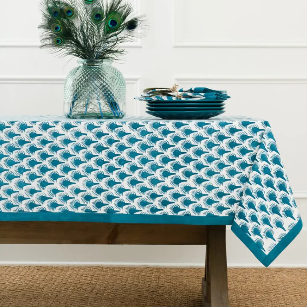 Pomegranate Inc Geo Feather Teal Tablecloth New