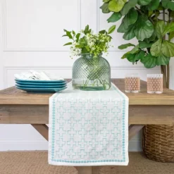 Pomegranate Inc India Hicks Home Embroidered Grand Cross Palladian Blue Table Runner