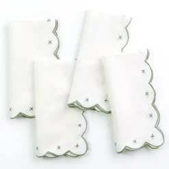 Pomegranate Inc Scalloped Knot Green Embroidered Linen Napkin | Set of 4