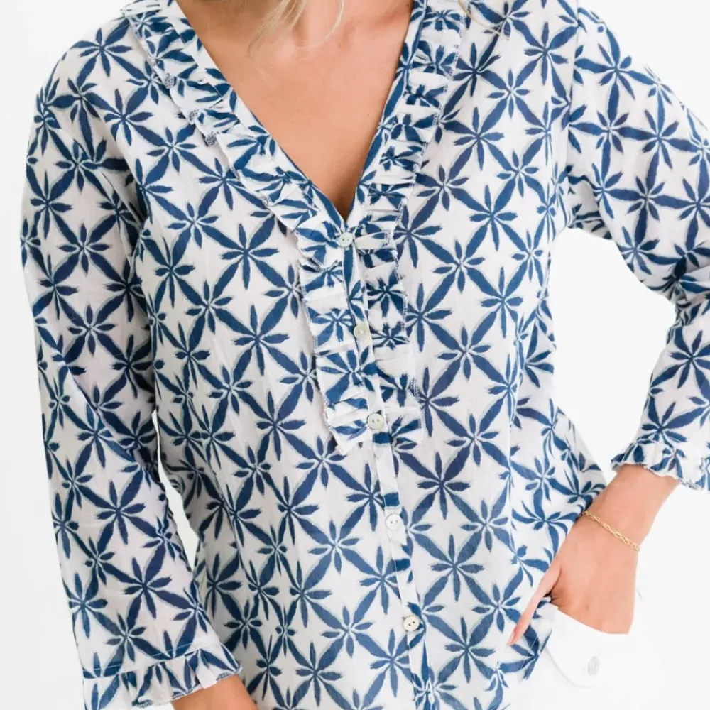 Pomegranate Inc Starburst Flower Navy Flange Button Blouse New