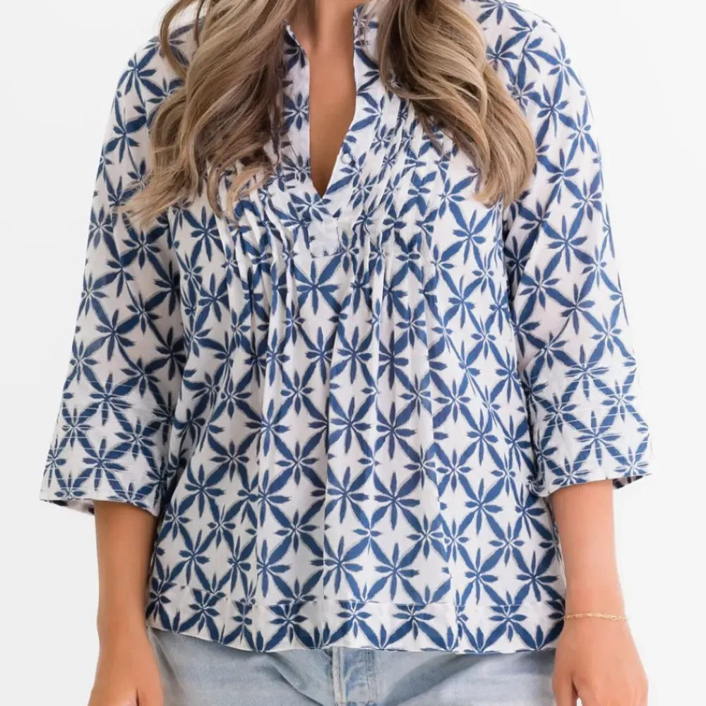 Pomegranate Inc Starburst Flower Navy Pintuck Blouse Hot