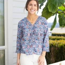Pomegranate Inc Taj Floral Blue Flange Button Blouse Clearance