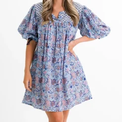 Pomegranate Inc Taj Floral Blue Split Neck Shift Dress New