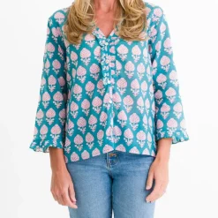 Pomegranate Inc Teal Pom Flower Flange Button Blouse Sale