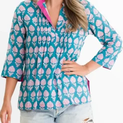 Pomegranate Inc Teal Pom Flower Pintuck Blouse Hot