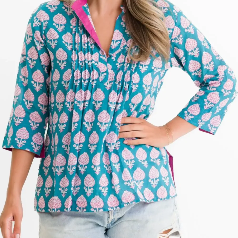 Pomegranate Inc Teal Pom Flower Pintuck Blouse Hot