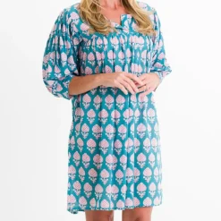 Pomegranate Inc Teal Pom Flower Split Neck Shift Dress