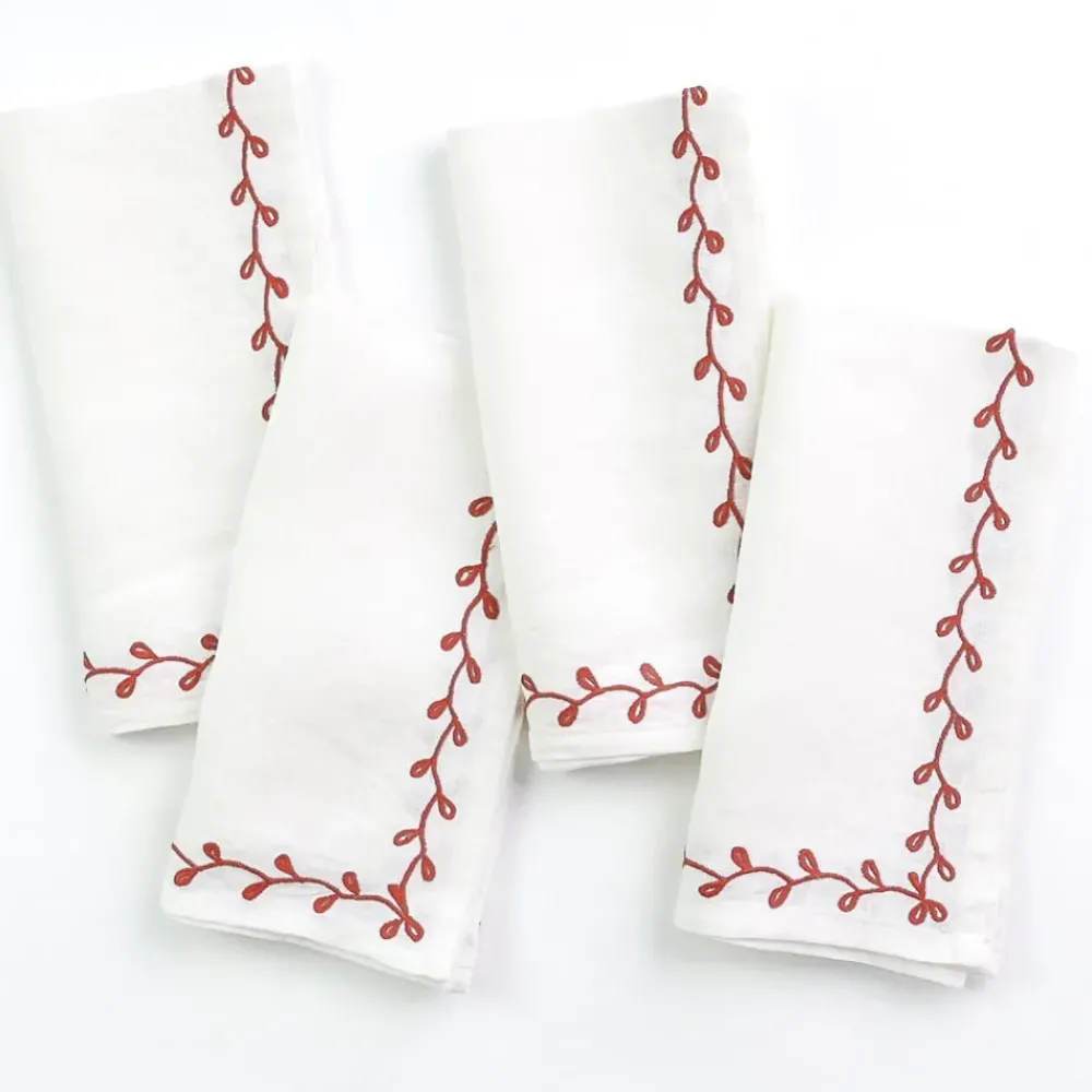 Pomegranate Inc Twig & Bud Coral Embroidered Linen Napkin | Set of 4 Online