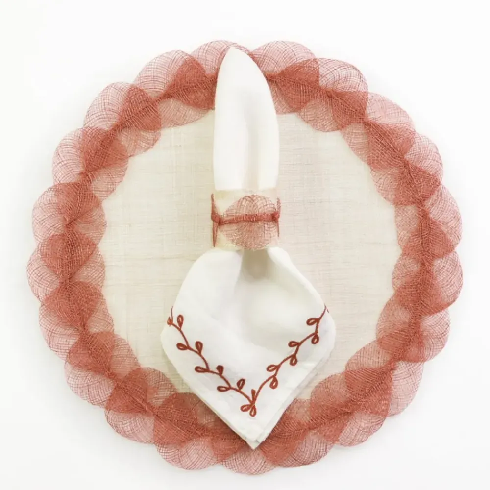 Pomegranate Inc Twig & Bud Coral Embroidered Linen Napkin | Set of 4 Online