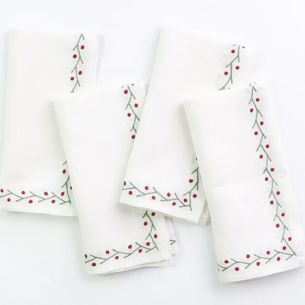 Pomegranate Inc Twig & Dot Red & Green Embroidered Linen Napkin | Set of 4 Sale