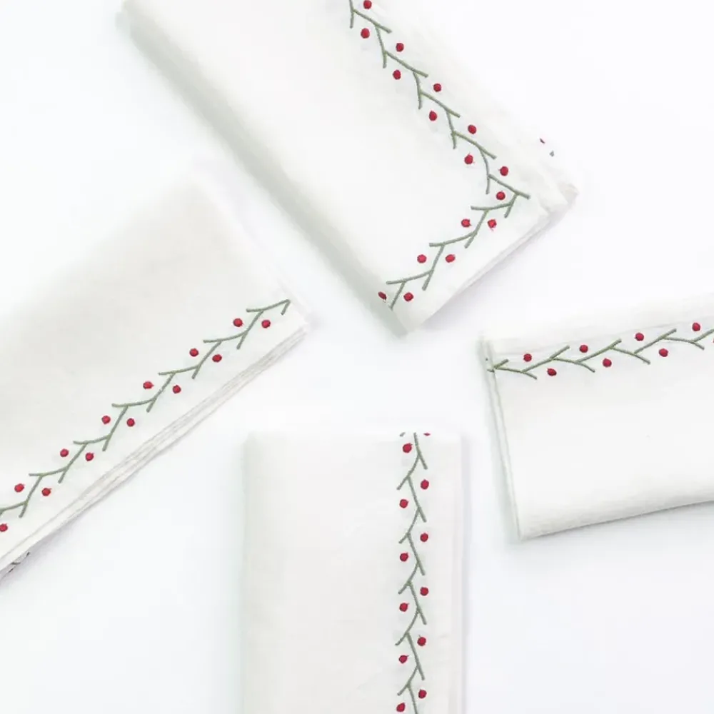 Pomegranate Inc Twig & Dot Red & Green Embroidered Linen Napkin | Set of 4 Sale