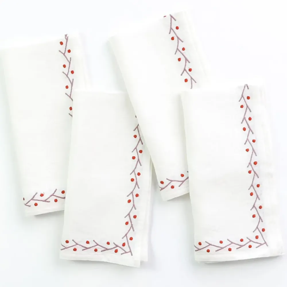 Pomegranate Inc Twig & Dot Terracotta & Mauve Embroidered Linen Napkin | Set of 4 Discount