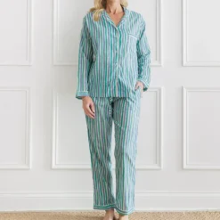 Pomegranate Inc Watercolor Green Stripe Pajama Set Outlet