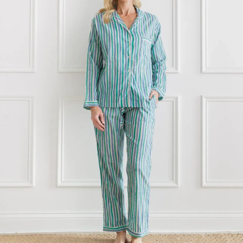 Pomegranate Inc Watercolor Green Stripe Pajama Set Outlet