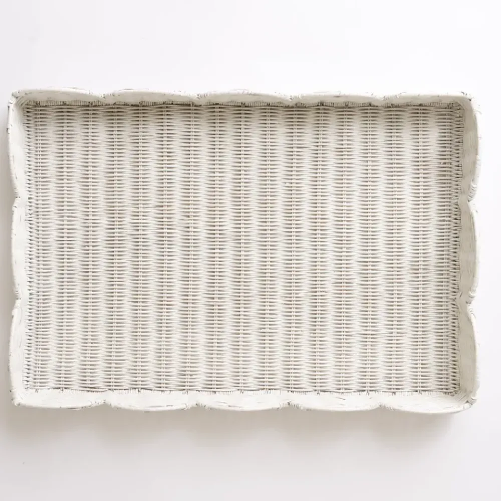 Pomegranate Inc White Wicker Scalloped Rectangle Tray Outlet